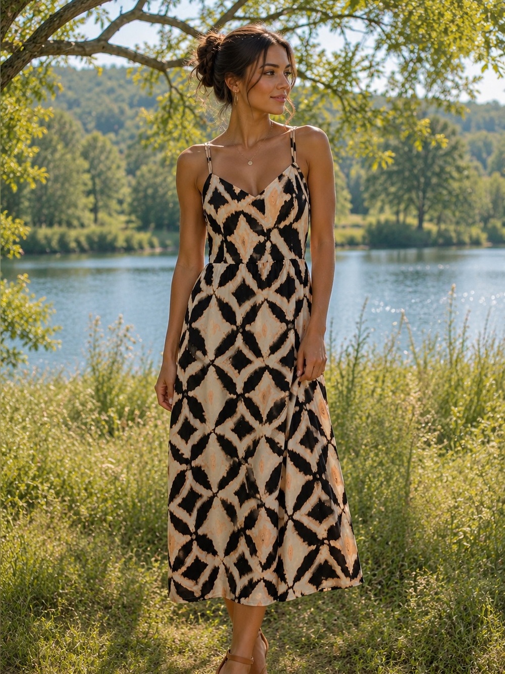As U Wish Black Beige Abstract Print Midi Dress S Boho Summer
